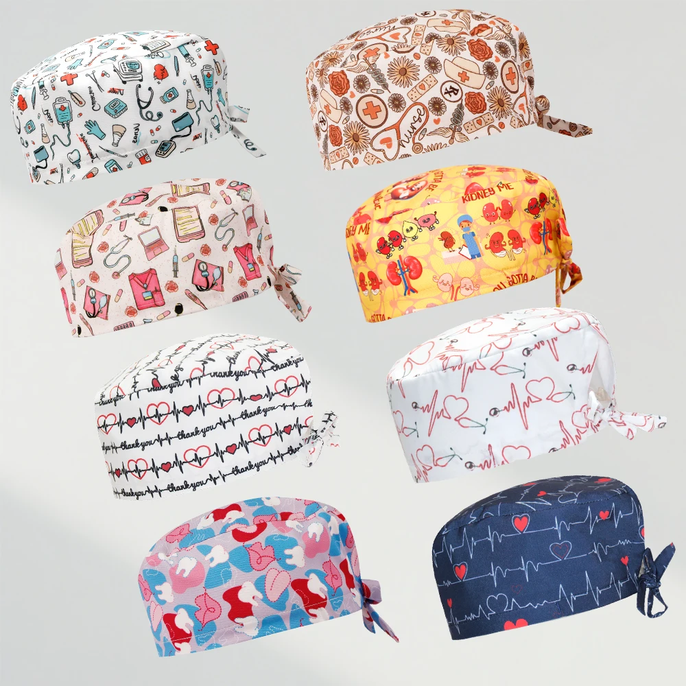 Casquettes de gommage médical imprimées, casquettes chirurgicales pour cheveux longs, couvre-chef de salle d'opération, chapeau de travail de clinique pour animaux de compagnie, médecin, infirmière, dentiste, F