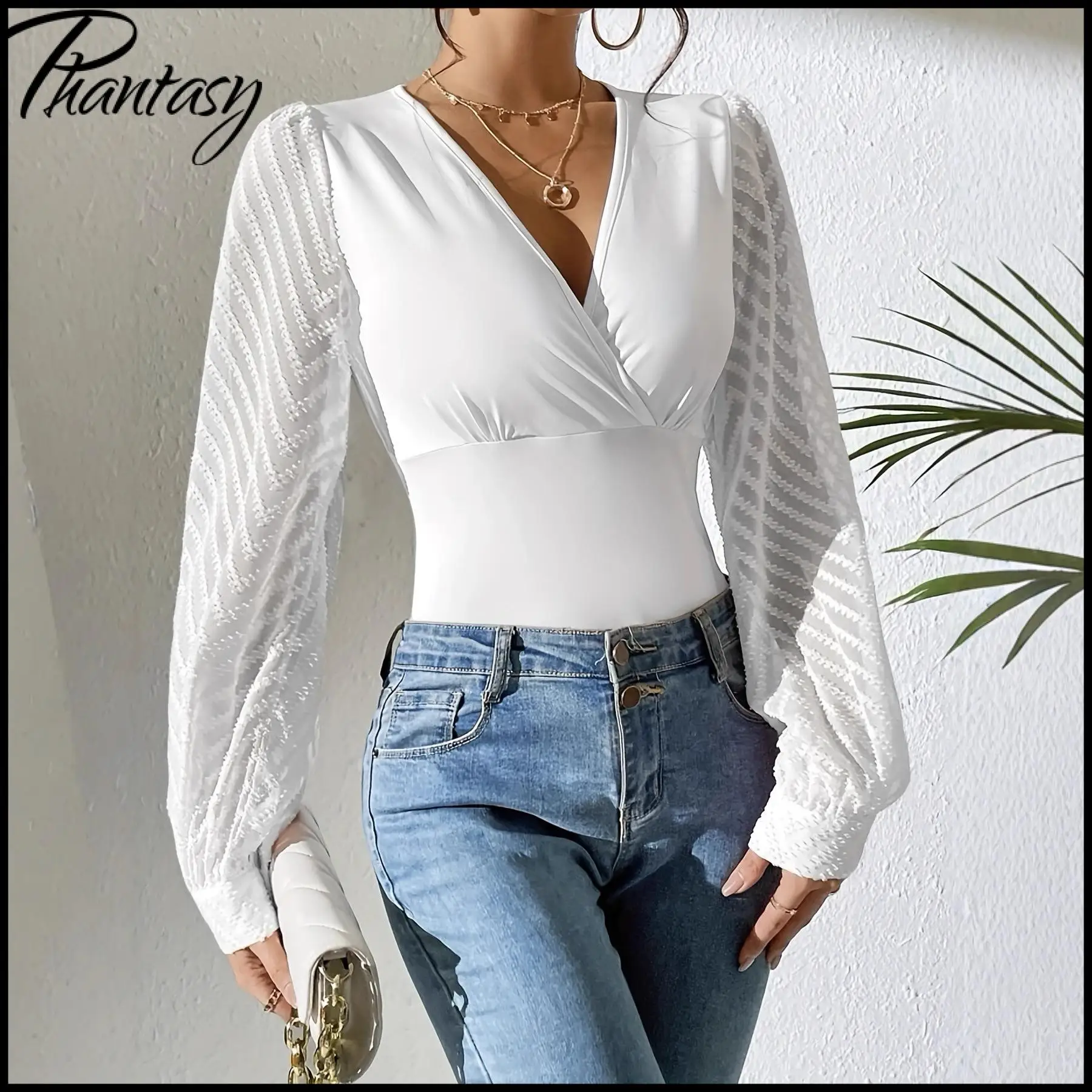 เสื้อชีฟองแขนยาวทรงบับเบิ้ล ดีไซน์หรูหราทันสมัย สำหรับสุภาพสตรี ฤดูใบไม้ผลิ คอวีลึก สีพื้น เหมาะสำหรับใส่ทำงานหรือออกงาน