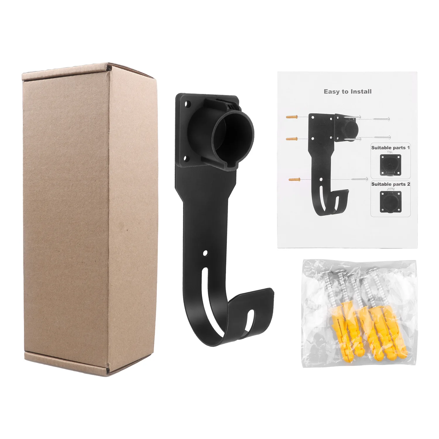 Type 1 EV Charger Wall Mount Holster,  J1772 Charging Gun Holder with Cable Hook, Fixed Bracket for EV Charging Station