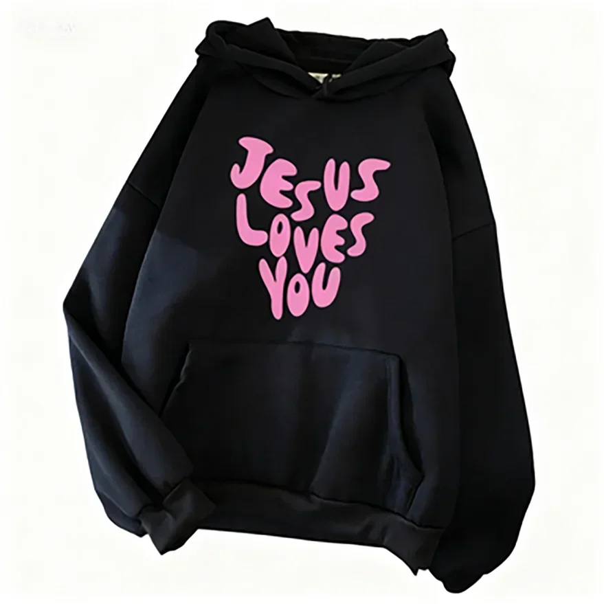 Jesus liebt mich Brief lustige Drucke Hoodies Frauen Herbst warme Sweatshirt Fleece All-Match-Kleidung Taschen-Hoodie