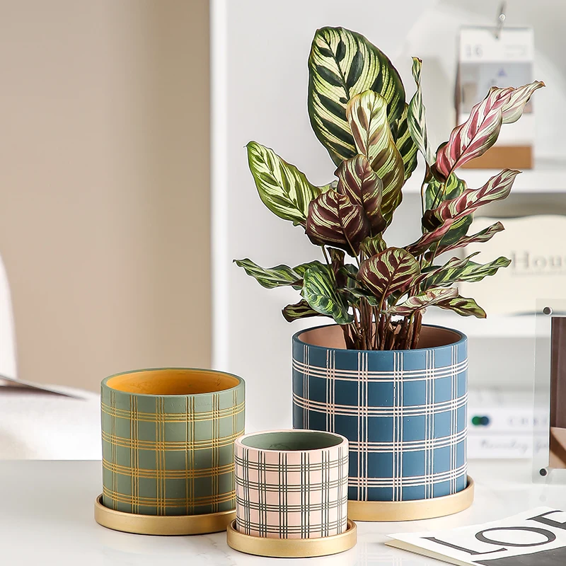 Nordic Stripe Plaid Pattern Ceramic Flower Pot Indoor Vintage Flower Plant Potted with Saucer Vase Living Room Office Flower Pot