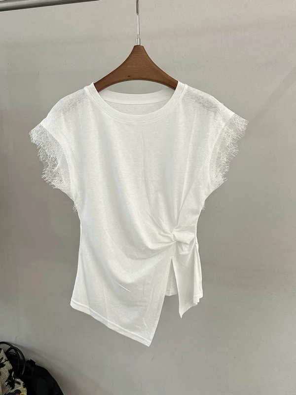 

Elegant Lace Splice Fly Sleeve Top Asymmetrical Short Sleeve Women's Shirt Commute Style Waist Cinching Spring Summer