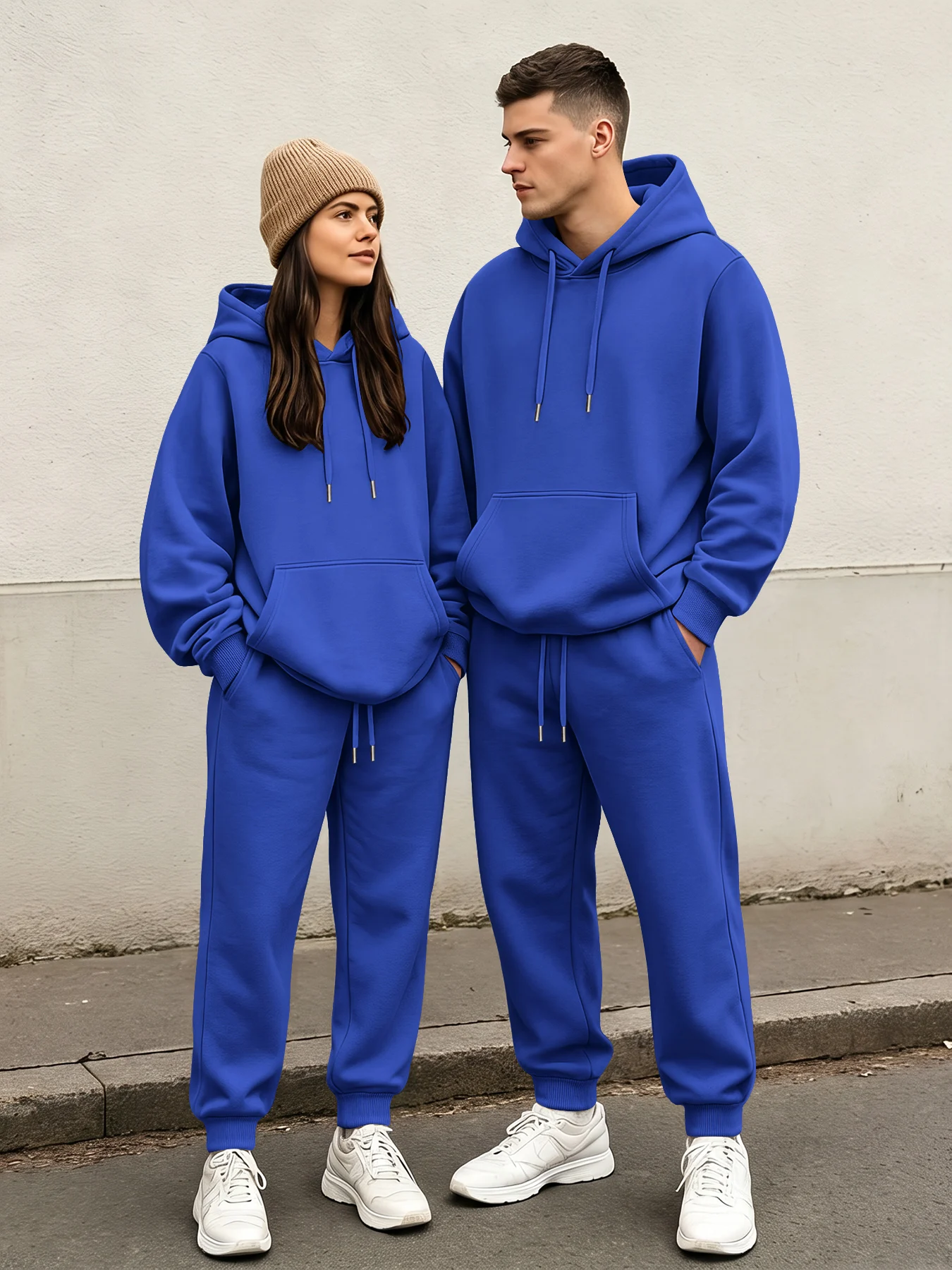 Spring‑Fall Couple Hoodie Set, Unisex Solid‑Color Pullover Two‑Piece Outfit, Loose Casual Sports Sweatpants Suit view 2