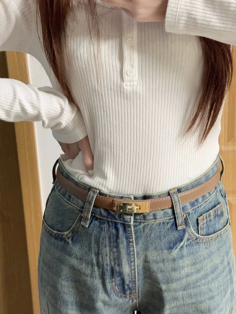 حزام جلد نسائي بإبزيم معدني ذهبي فاخر كاجوال حزام عصري للجينز والفساتين أحزمة نسائية