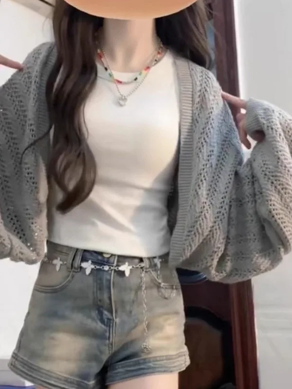 

Lightweight Loose Knitted Summer Cardigan Hollow out Design Breathable Sweat Absorbing Long Sve Batwing Sle ay Sweater