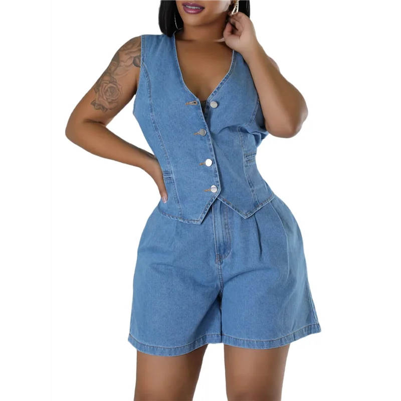 

Джинсовый наряд для женщин, джинсовый жилет на пуговицах, топ с джинсовыми шортами с высокой талией, наряды на выход