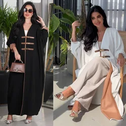 Dubai Fashion Modest Solid Open Kimono Abayas Leather Buckle Long Sleeve Contrast Color Robe Ramadan Muslim Outwear Women Robe