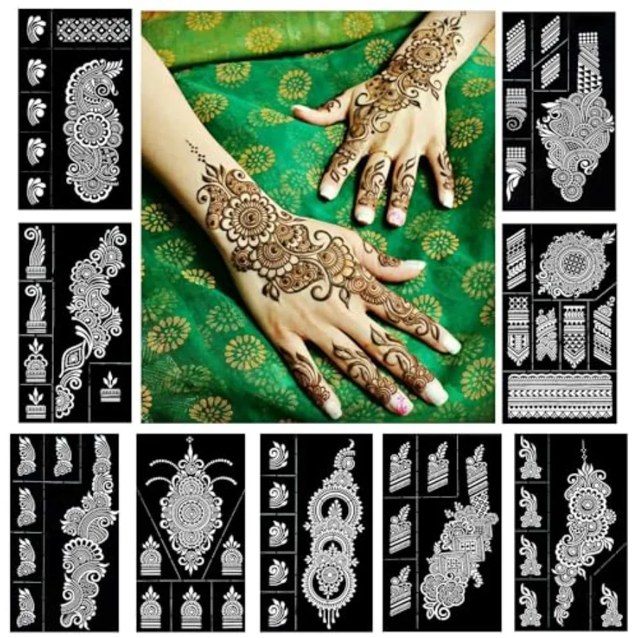 

Многоразовые трафареты для татуировки хной, набор для рук и предплечья, шаблон для татуировки с блестками «сделай сам», аэрограф с 9 листами, временный индийский я