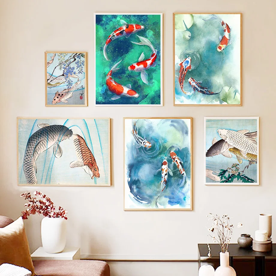 (No frame)Arte de pared Feng Shui Zen Carp Koi Fish Piscis, pintura en lienzo, póster nórdico e impresión de imágenes para sa