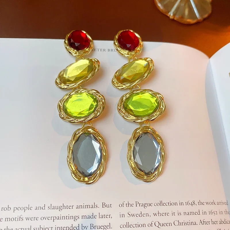 Rhinestone Long Colorful Oval Metal Dangle Earrings for Women Vintage Sparkle Light Luxury Silver Needle Earring Gifts Wholesale
