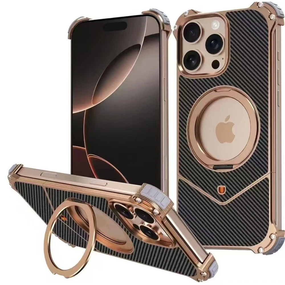

Чехол MagSafe из углеродного волокна для iPhone 16 Pro Max 15 Pro 14 Pro из алюминиевого сплава с кронштейном, прочный магнитный чехол с защитой от падения