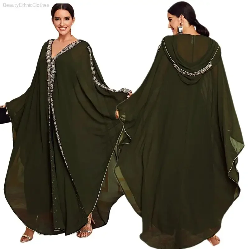 New Women Bat Sleeve Dress Diamonds Gown Loose Abaya Kaftan Dubai Muslim Clothes