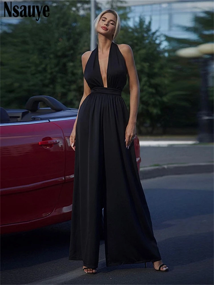 

Nsauye Summer Sexy Women Halter High Waisted Long Elegant One Pieces Club Jumpsuit Wide Leg Club Low Cut Out Rompers Tops 2024