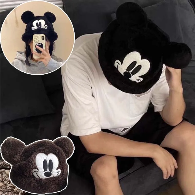 Gorro cálido de felpa de Mickey Mouse de Disney para otoño e invierno, gorro Baotou de fibra acrílica de Anime Simple a la moda, gorros de punto térmicos, sombreros fríos