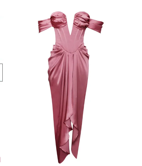 2023 nieuwe collectie roze off-shoulder strapless satijnen sexy mode lange jurk voor verjaardagsbanketfeest