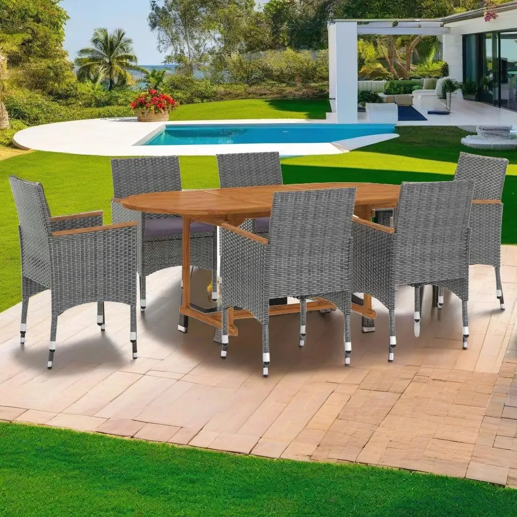 

7-Piece Gray Poly Rattan Patio Dining Set for Outdoor Enjoyment