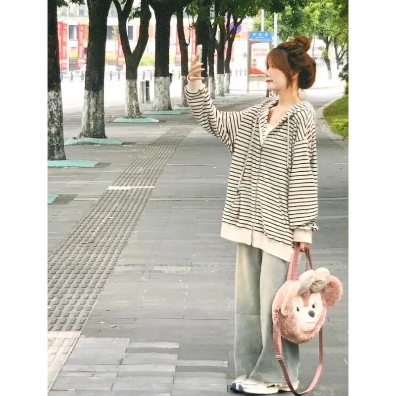 Amerykański sweter z kapturem w paski, luźny, damski, lekki, długi, oversize, kardigan na wiosnę i jesień, modny, do pracy, styl koreański...