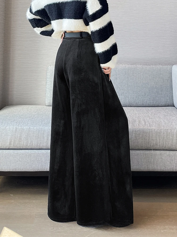 بنطلون نسائي واسع الساق من القطيفة الذهبية بخصر مرتفع وتصميم منسدل، سروال فضفاض بطول الأرض للخريف والشتاء، تصميم جديد أنيق