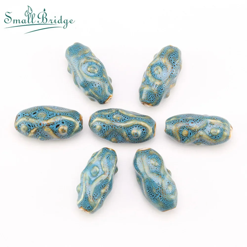 35mm 2pcs Pattern Oval Ceramic Beads Circular Cone Porcelain Beads Loose Spacer Beads for Jewelry Making DIY Bracelet Necklace