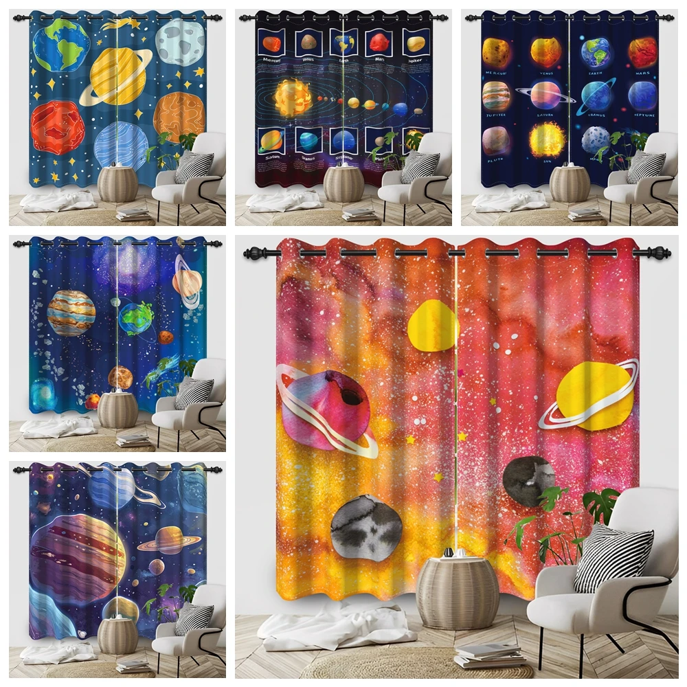 2pcs/set Universe Planet Window Curtain Outer Space Earth Moon Star Bedroom Living Room Decor Blackout Polyester Fabric Curtains