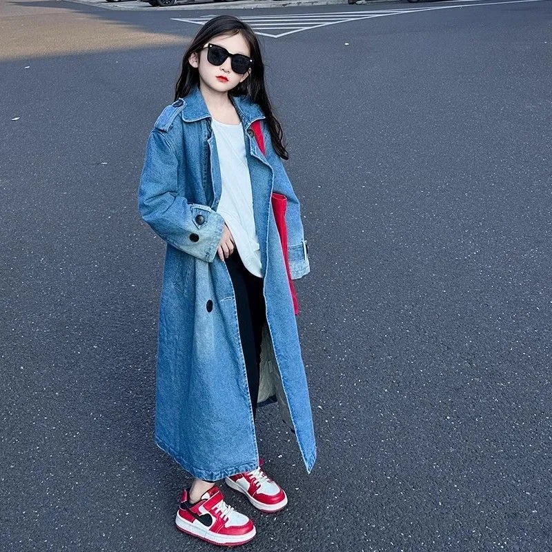 Children Girls Denim Long Trench Coat UNITIM Autumn Retro Junior Girls Self‑Belted Outerwear Fashion 2-14Yrs Kids Girls Jackets