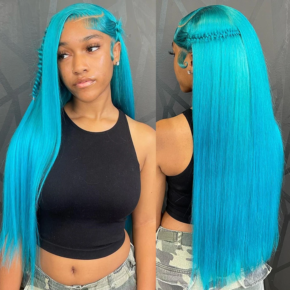 13x6 Light Blue Lace Front Human Hair Wig Preplucked Bone Straight Teal Ocean Blue Color Transparent Lace Frontal Wigs For Women