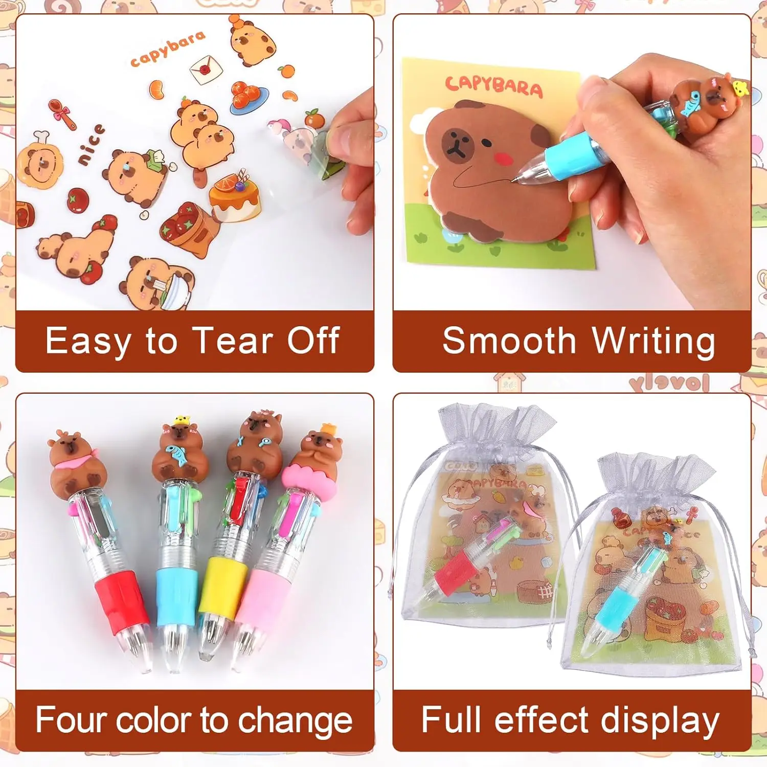10-50Set Capybara Fun Prizes Animal Stationery Birthday Gift with 4-in-1 Ballpoint Pens Sticky Note Sticker and Organza Bags - view 6