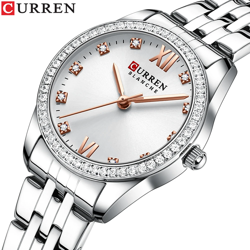 CURREN Classy Dress Watches for Women Stainless Steel Band Clock Female Rhinestone Dial Slim Wristwatches Ladies