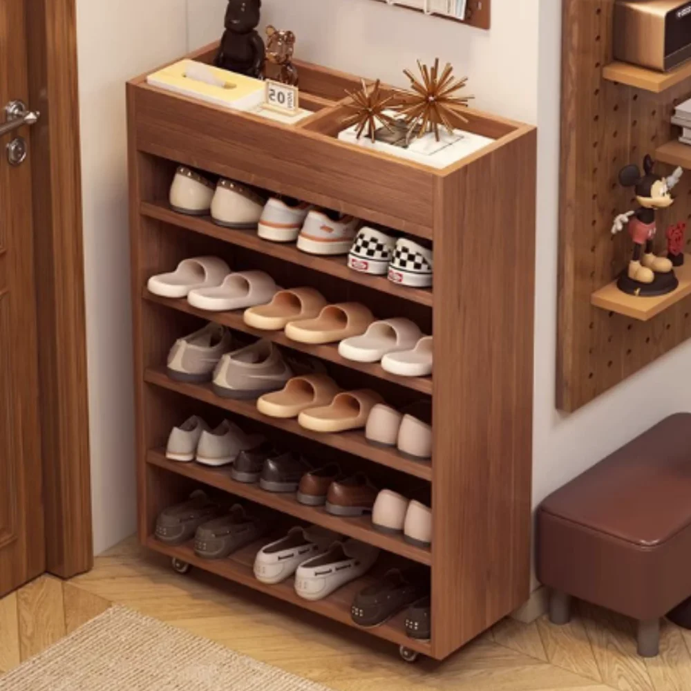 

Modern Custom Solid Wood Shoe Cabinet New Chinese Design Multi-Level Entrance Rack Against the Wall