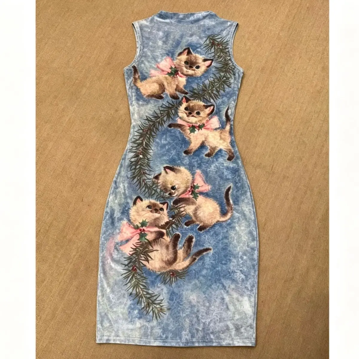 Vestido Retro Y2K con Estampado Navideño, de Terciopelo, Ajustado, con Cola de Pez, Cintura Baja, Fibra de Poliéster, Elastic...