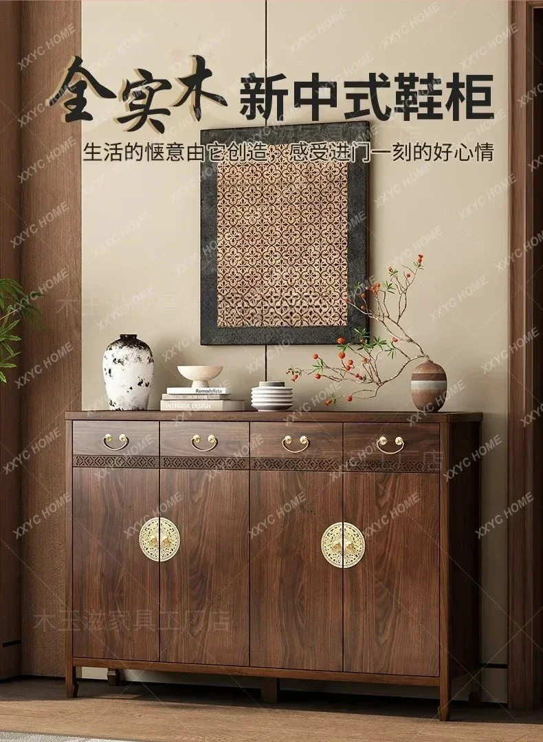 

A New Chinese-style solid wood shoe cabinet, household door porch cabinet, retro storage cabinet integrated against the wall