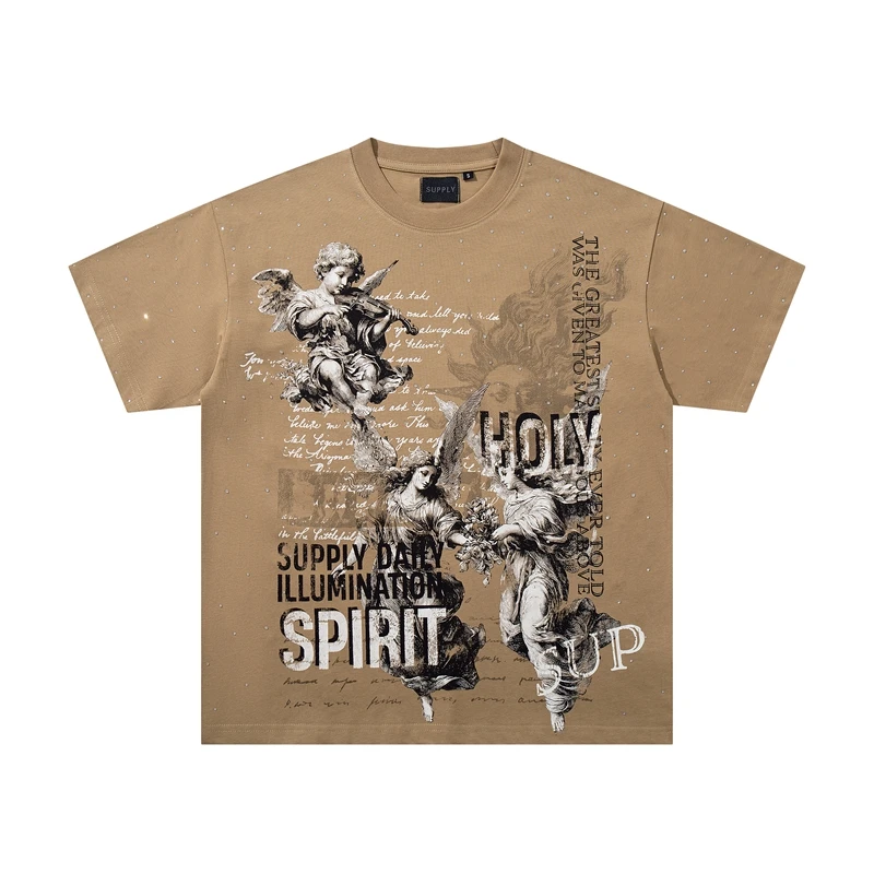Summer Vintage Red Wash Graphic T Shirt for Men Heaven Cloud Angel Cherub Rhinestone Casual Tee Tops Relaxed Fit Cotton Tshirts