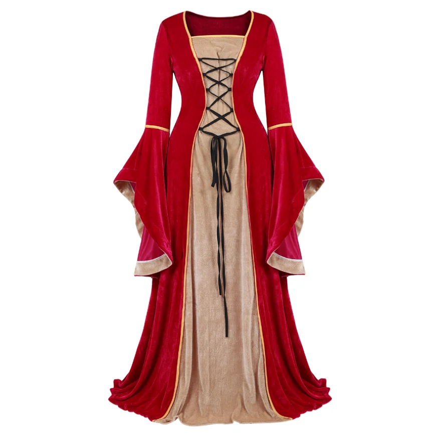 Medieval Renaissance Velvet Long Dress Women Victorian Retro Fancy Gown Halloween Cosplay Costume Plus Size