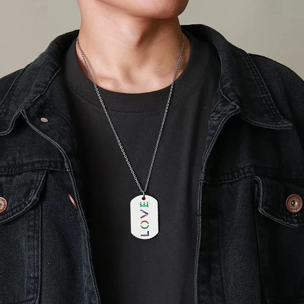 Stainless Steel Carved Love Pride Rainbow Nameplate Necklace Rectangular Pendant Suitable for Valentine's Day Gift with Couple