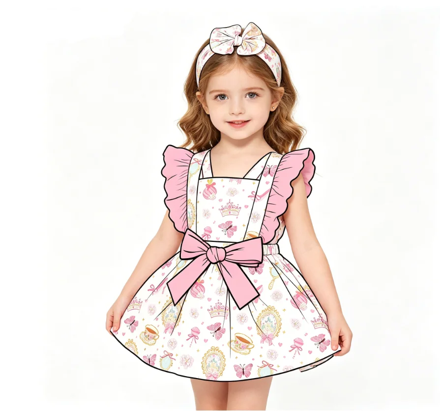 Cartoon Print Summer New Style Baby Girls Flutter Sleeves Large Bow at the waist Boutique  Dress Matching Bow Headband
