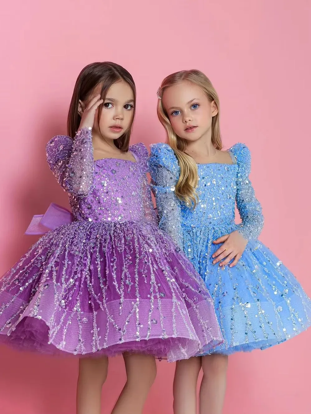 Sleeves Glitter Lush Girl Party Dresses Elegant Fluffy Girl Princess Dress Shiny Pearls luxurious Birthday Wedding Dress Girl