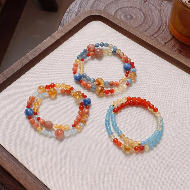 Multi-Gemstone Aquamarine Bracelet for Women, Blue Kyanite & Citrine Tower Crystal Beaded Bangle, Bohemian Stacking Jewelry