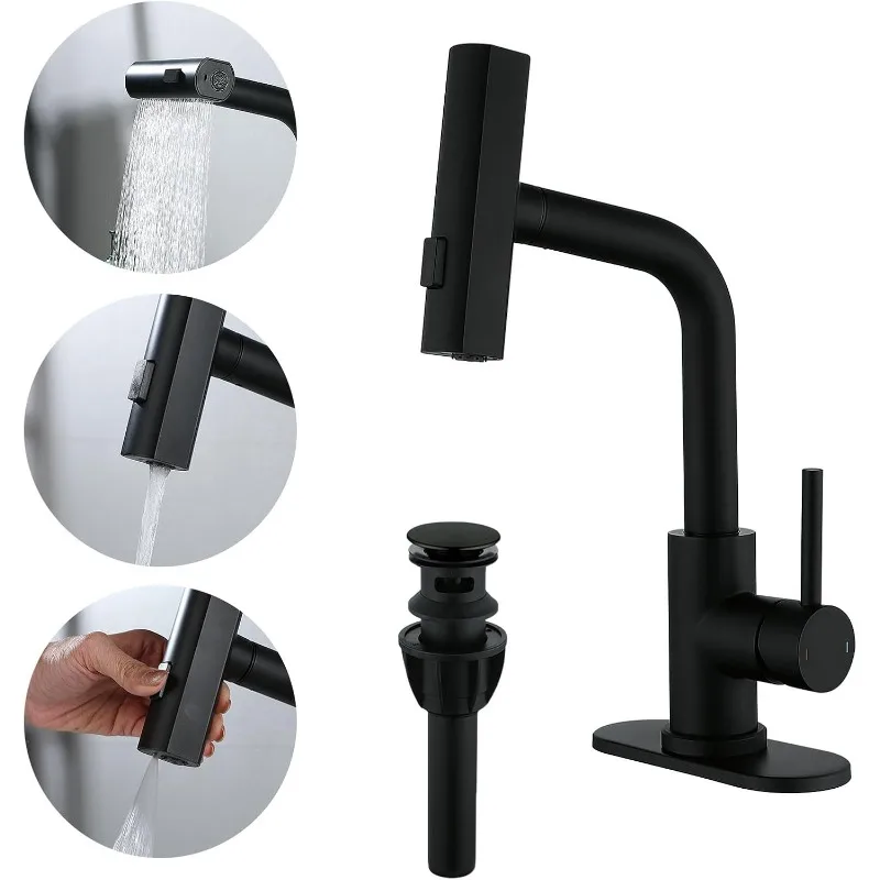 

Waterfall Bathroom Faucets with 3 Mode Pull Down Sprayer,Single Handle Modern Bath Sink Faucet with Pop Up Drain and Deck Plate