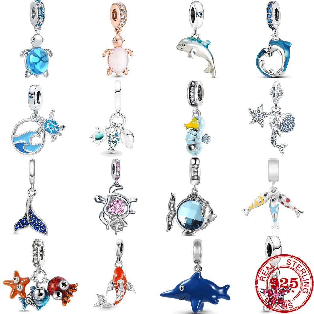 

New 925 Sterling Silver Turtle fishtail starfish Pendant Charm Bead fit Original Pandora Bracelet Trinket DIY Women Jewelry