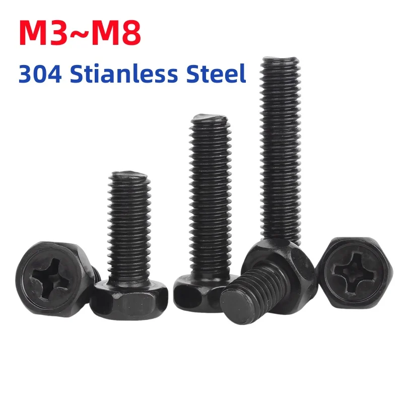 M3 M4 M5 M6 M8 Black 304 Stianless Steel Cross Recessed External Hexagon Head Screw Phillips Outside Hex Bolt