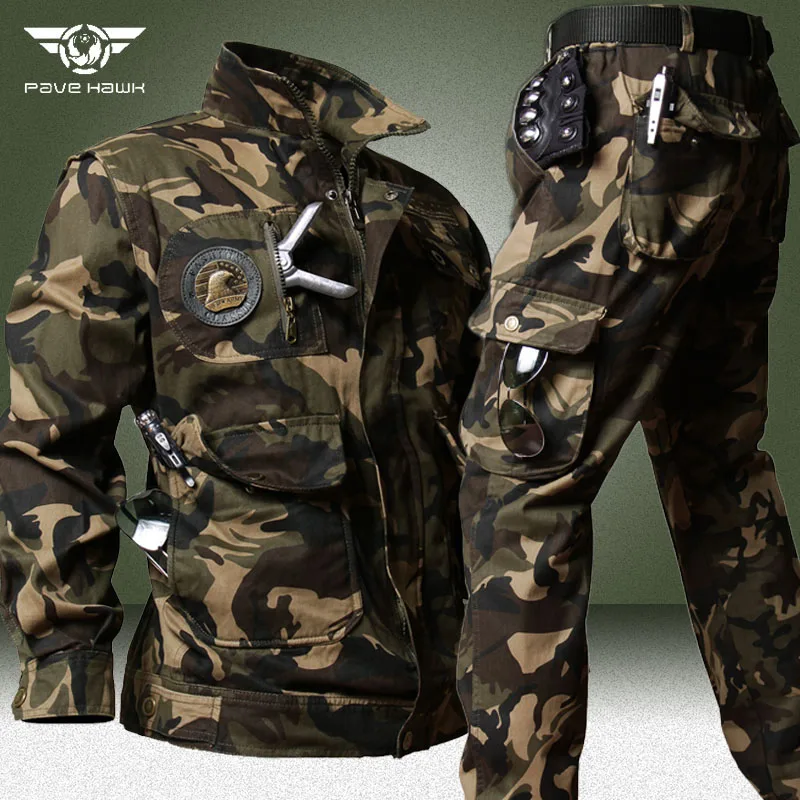 Outdoor Camo Sets Men Wear-resistant Ripstop Jackets+Multi-pocket Straight Pants 2 Pcs Suits Spring Autumn Training Set