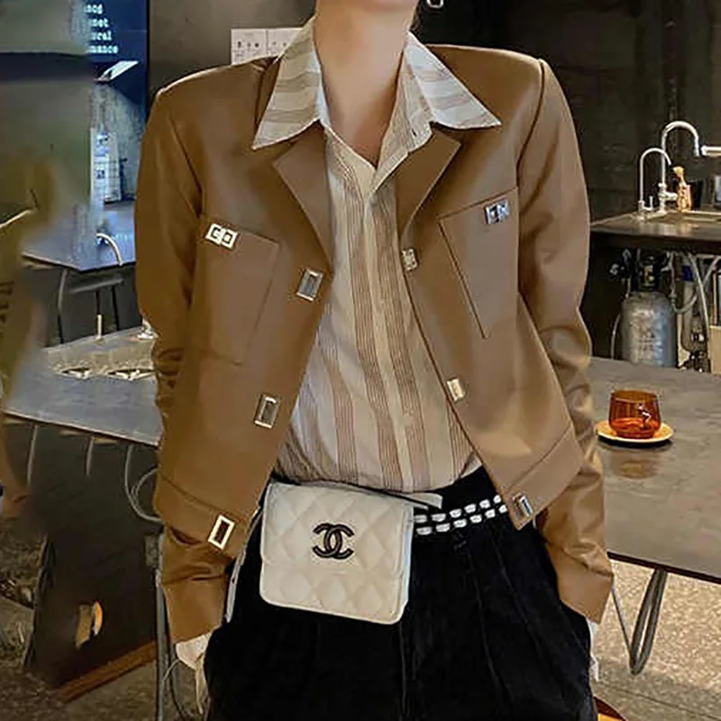 

2024Autumn/Winter New Product Genuine Leather Sheepskin Lapel Casual Metal Buckle Short Suit Jacket Long Sleeve Leather Coat