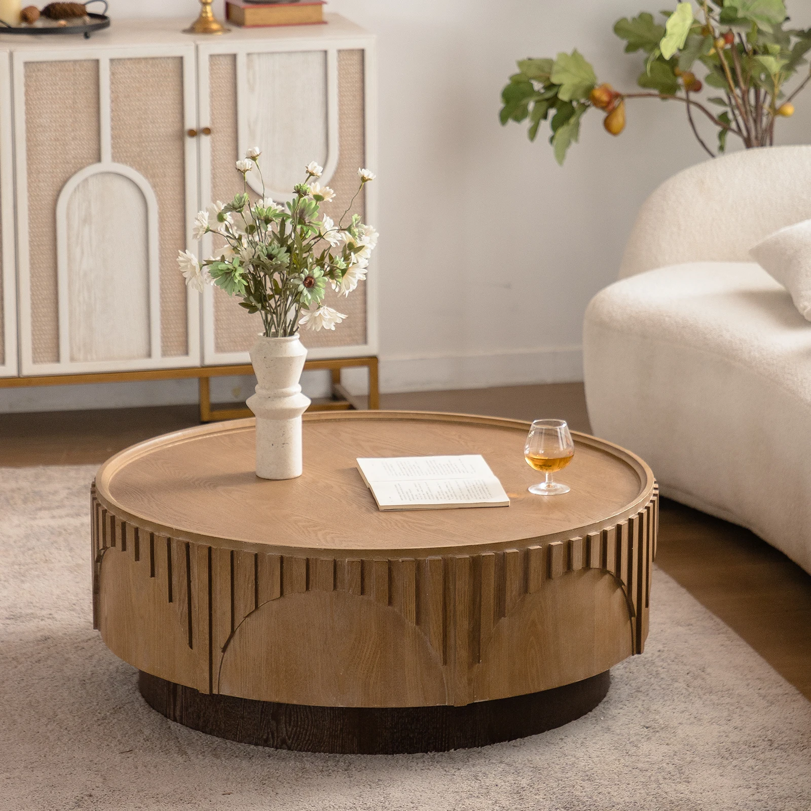 Mid-Century Modern Farmhouse Wood Coffee Table with Carve Design for Living Room and Small Spaces Coffee Table