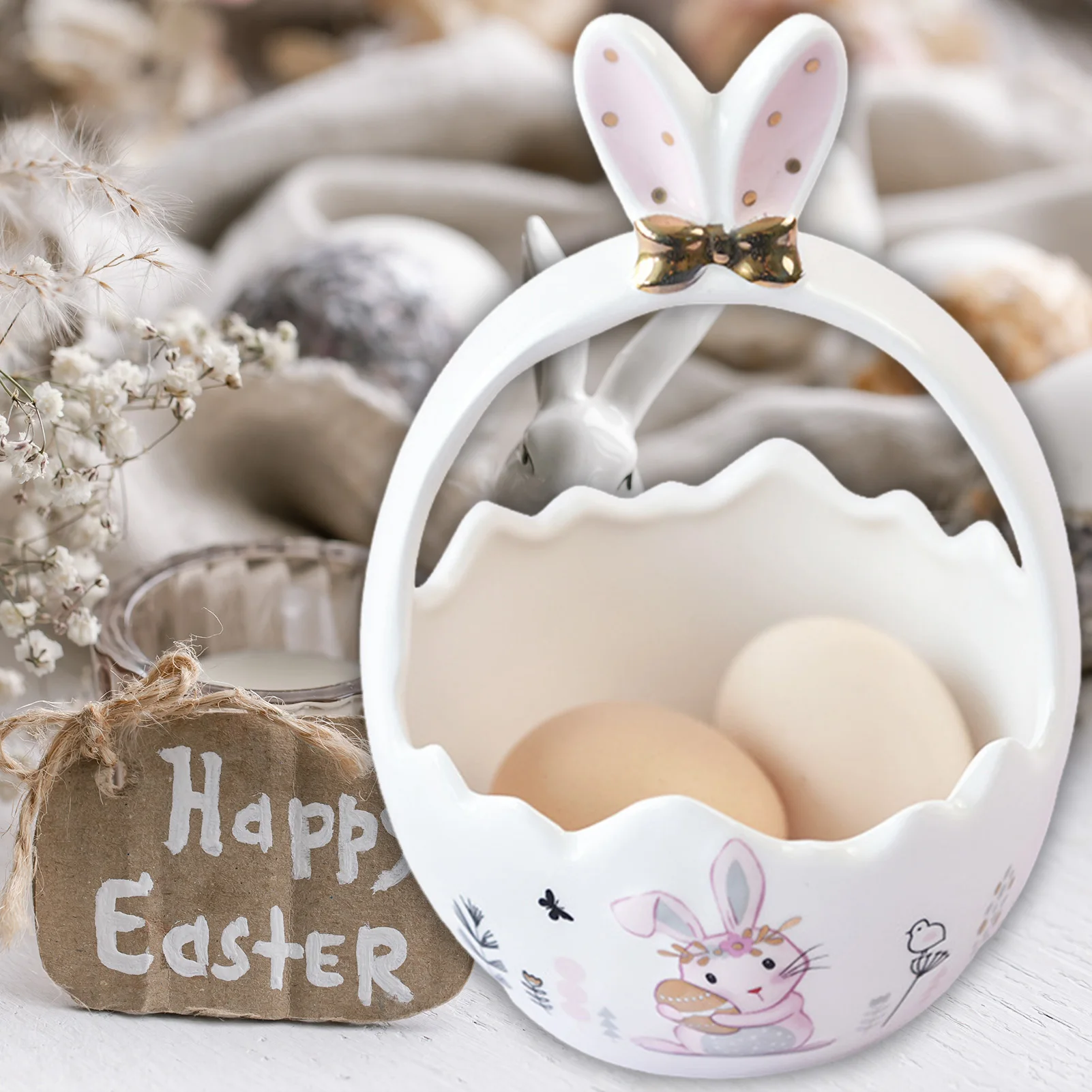 2025 Easter Rabbit Shaped Storage Basket Cute Bow Bunny Ear Ceramic Storage Box For Jewelry Cosmetic Candy Snack Party Gifts