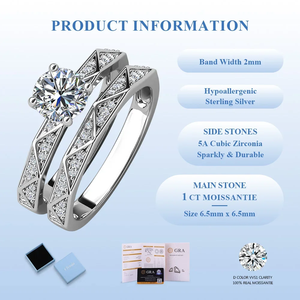 Real Moissanite GRA 1ct Diamond Ring Set for Women 925 Sterling Silver 18k White Gold Plated Fine Jewelry Wedding Party Gifts