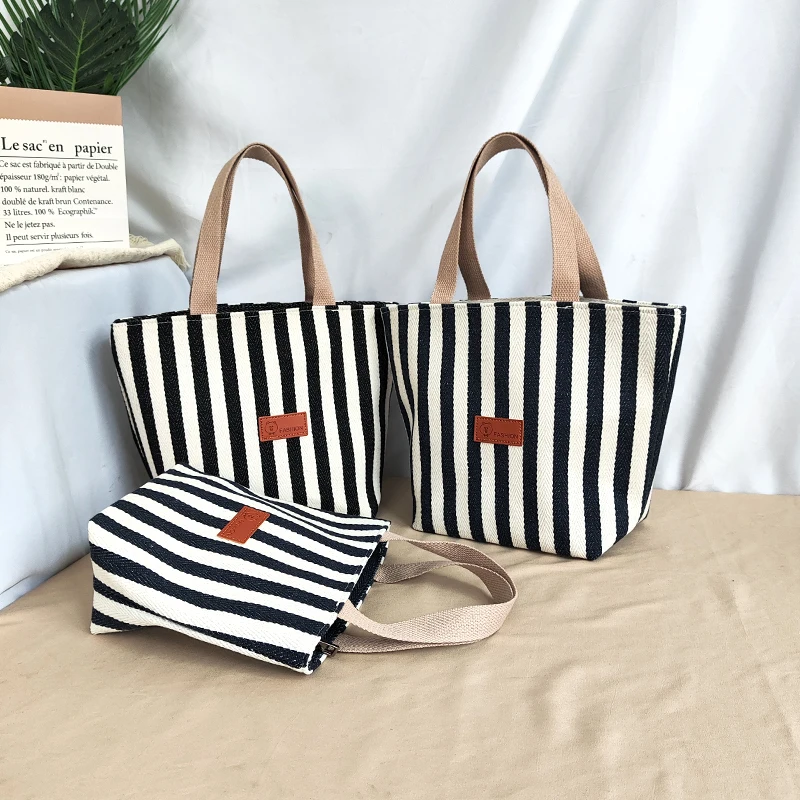 New canvas handbag women\'s small bag stripesd lunch bag for work and outing mommy bag zipper versatile