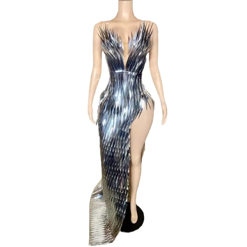Stock Singer Noble Gorgeous Glam Heavy Industry Lenses High Split Shiny Performance Stage Clothing Women designer luxury dresses
