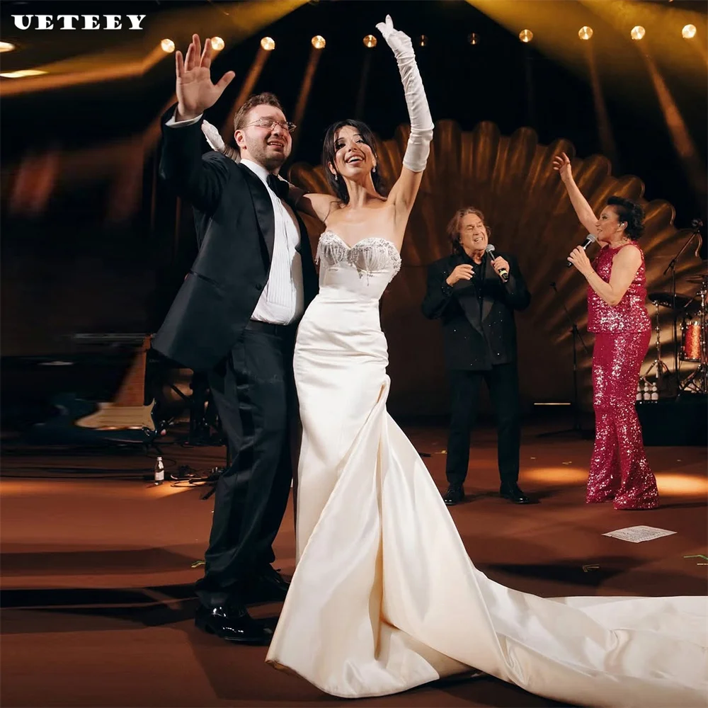 

UETEEY индивидуальное атласное свадебное платье русалки без бретелек с высоким разрезом для женщин на молнии сзади со шлейфом, платья de novia