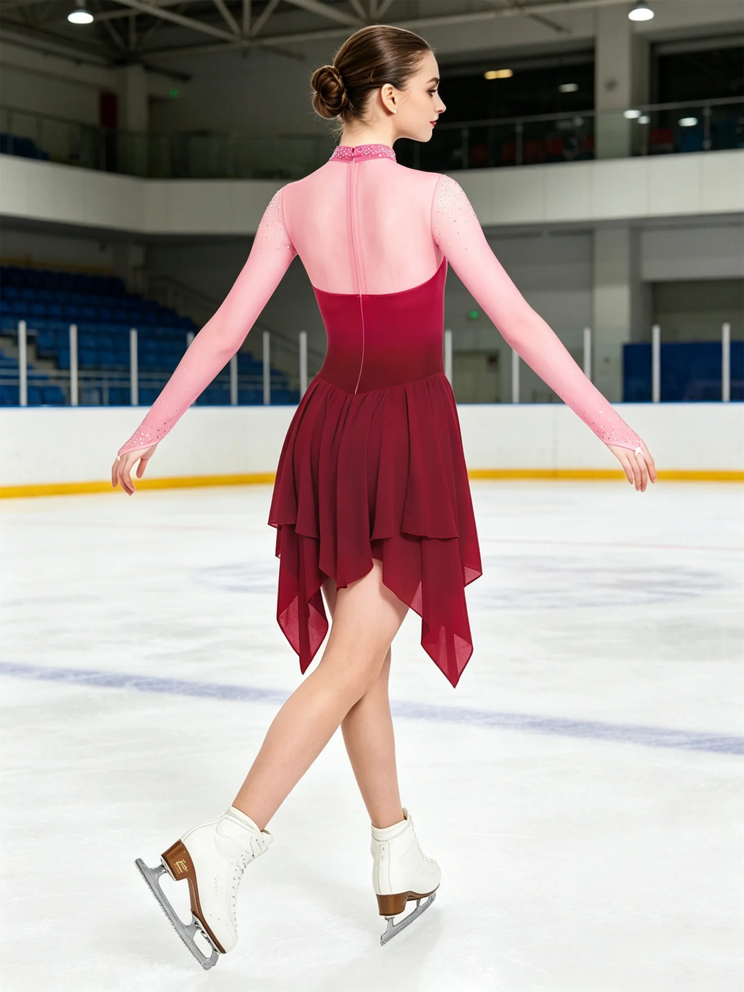 

Women Figure Ice Skating Performance Costume Lyrical Modern Ballet Dress Rhinestone Long Sleeve Gradient Mesh Leotards Dresses