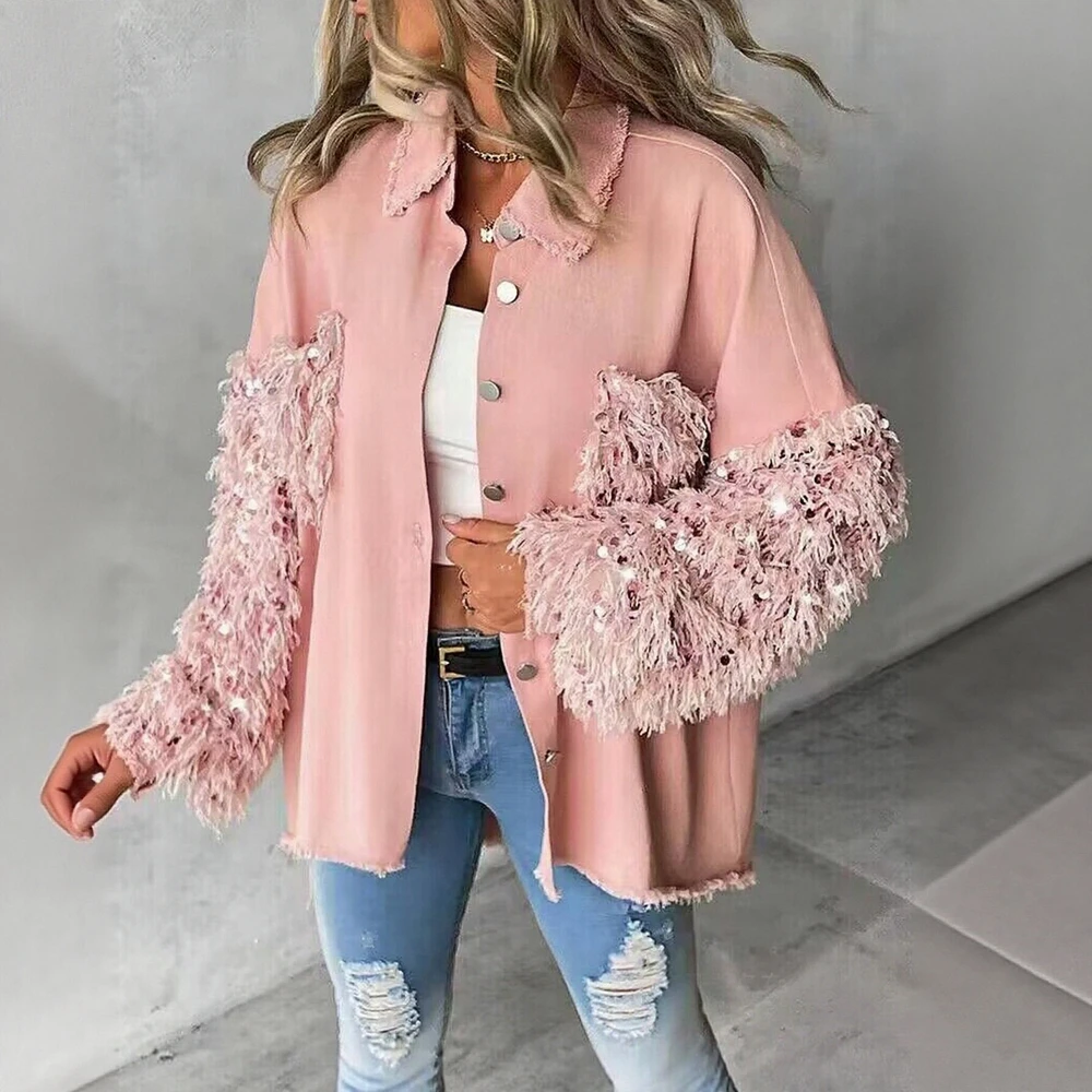 

Women's Casual Denim Patchwork Jacket Autumn Long Sleeve Lapel Button through Basic Daily Outerwear